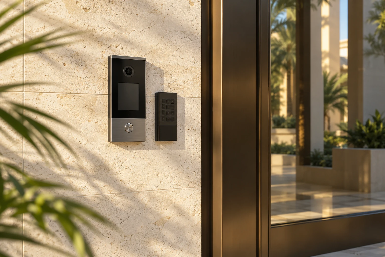 Illustration of a video door phone at a modern entrance
