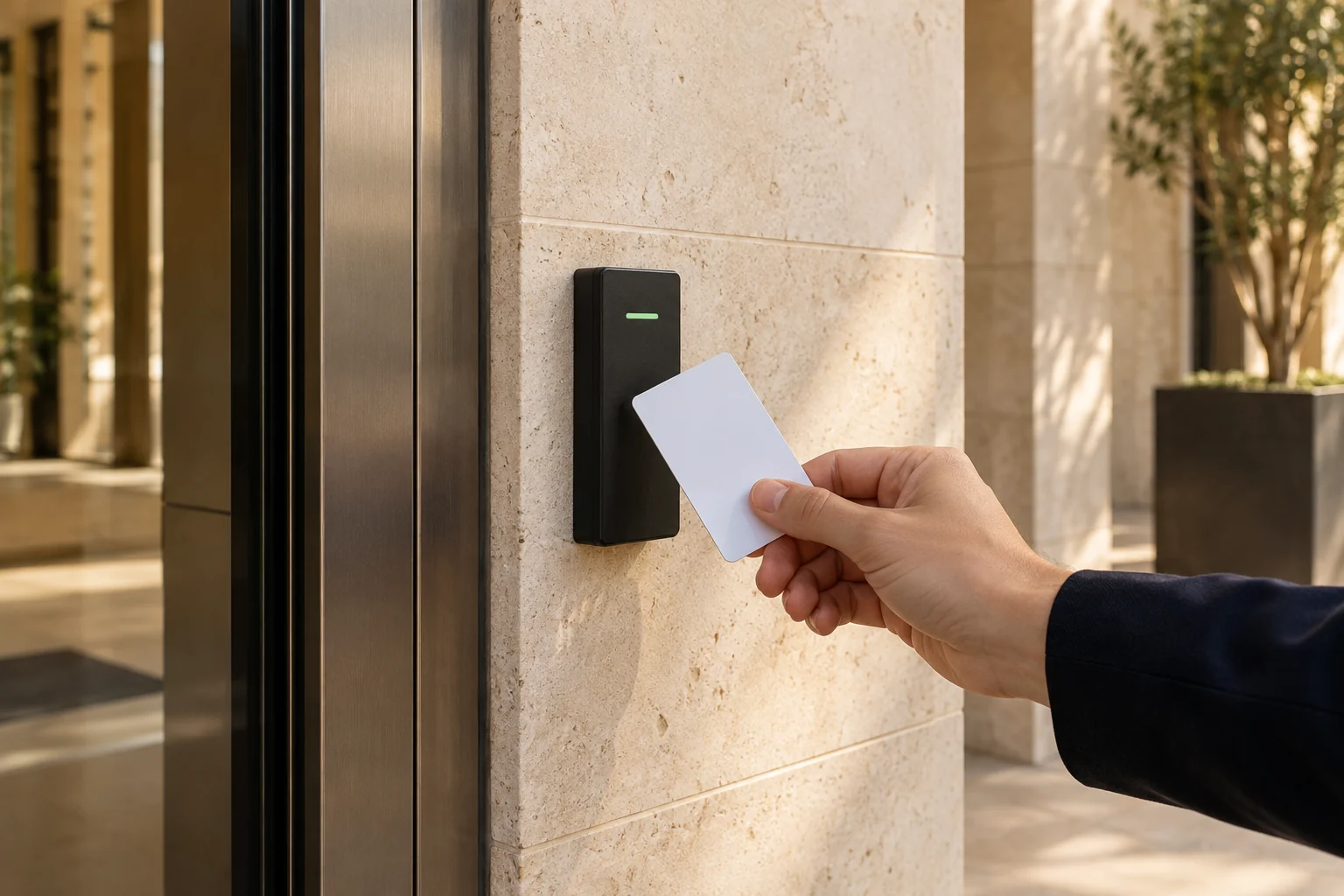 Illustration of an access card and RFID door reader