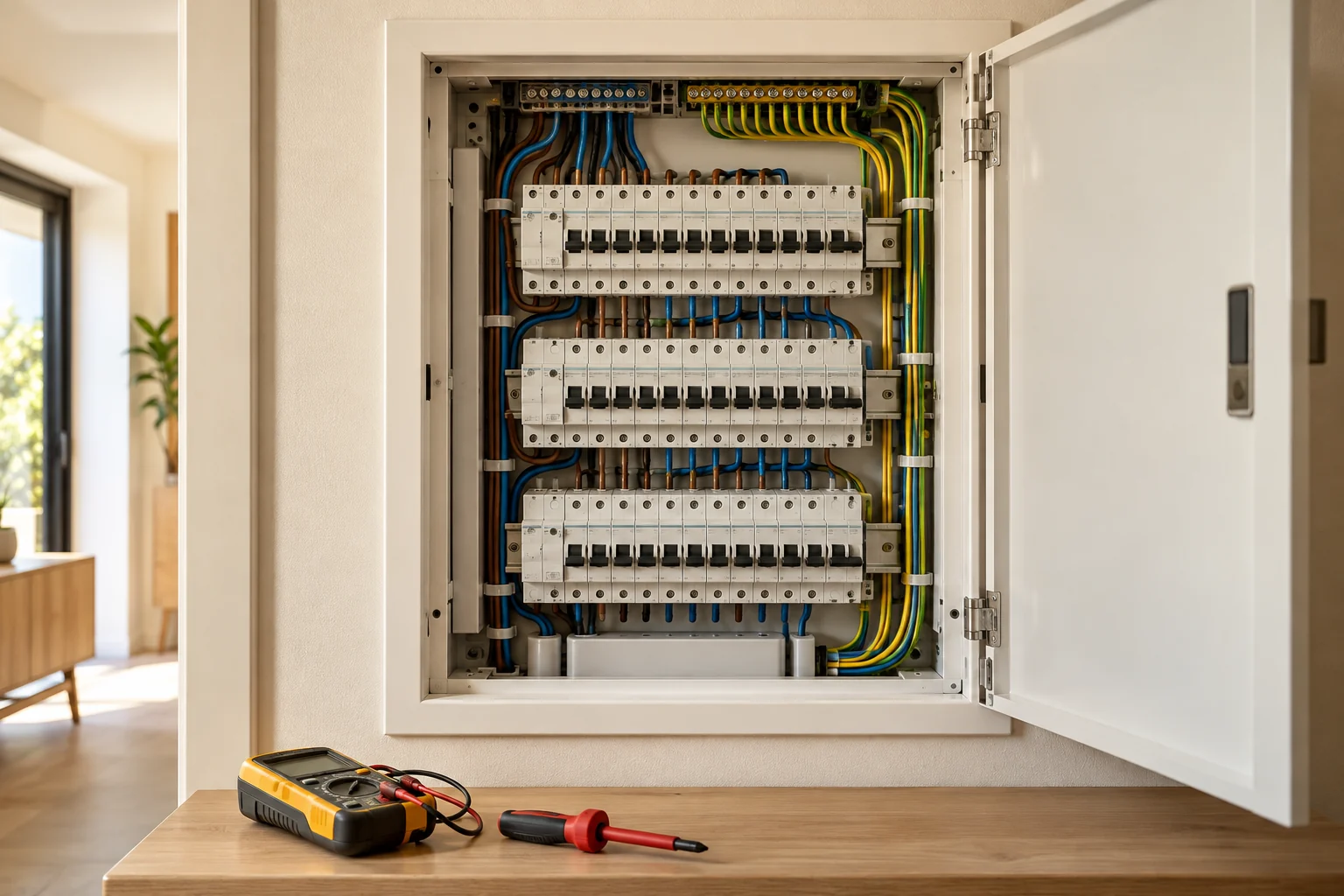 Illustration of an electrical distribution board and testing equipment